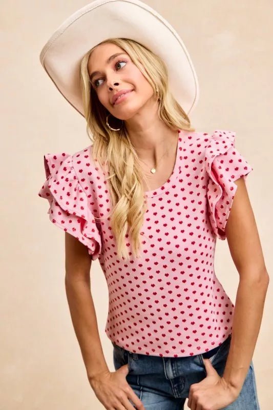 BiBi Heart Patterned Knit Ruffled Sleeves Top - PBNJ FASHIONS
