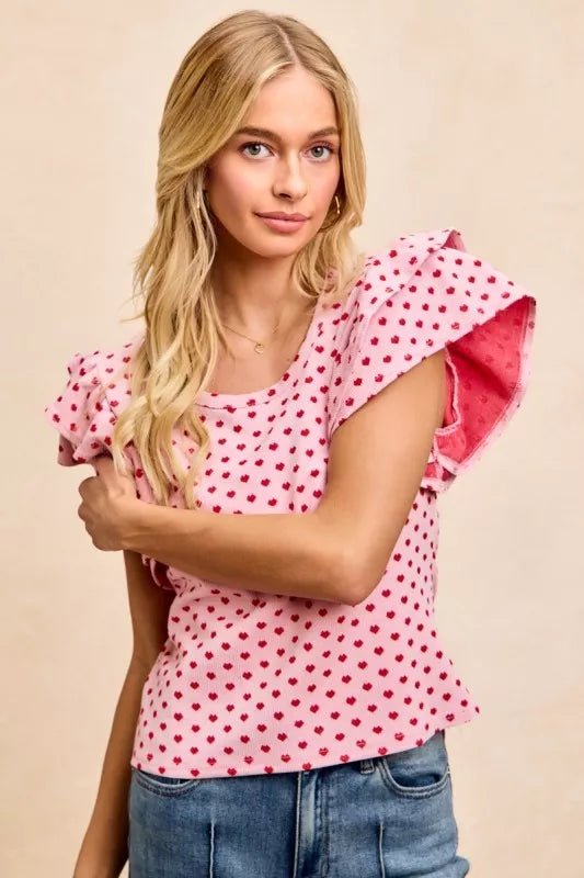 BiBi Heart Patterned Knit Ruffled Sleeves Top - PBNJ FASHIONS