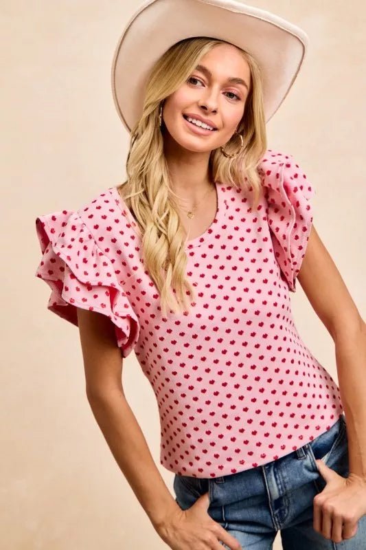 BiBi Heart Patterned Knit Ruffled Sleeves Top - PBNJ FASHIONS