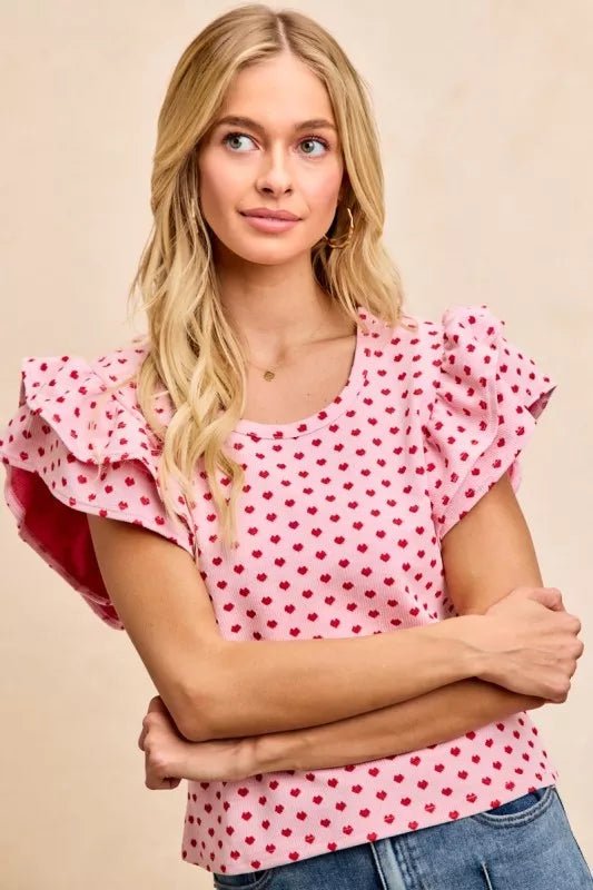 BiBi Heart Patterned Knit Ruffled Sleeves Top - PBNJ FASHIONS