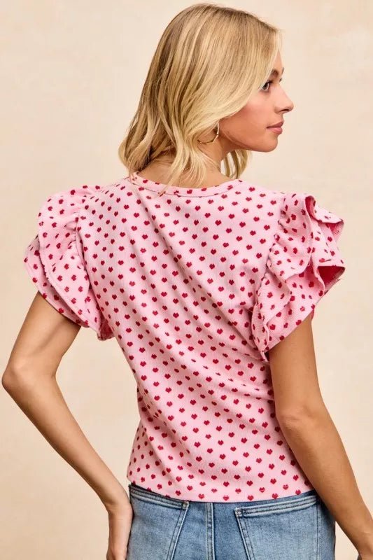 BiBi Heart Patterned Knit Ruffled Sleeves Top - PBNJ FASHIONS