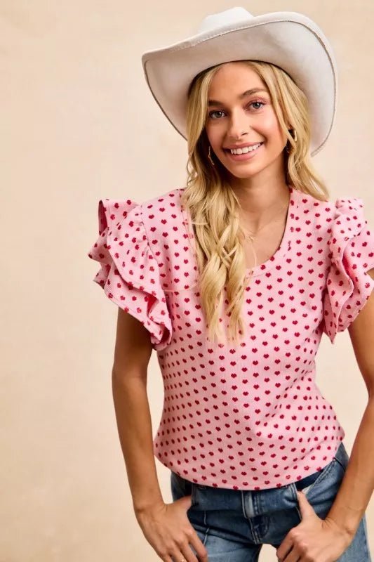 BiBi Heart Patterned Knit Ruffled Sleeves Top - PBNJ FASHIONS