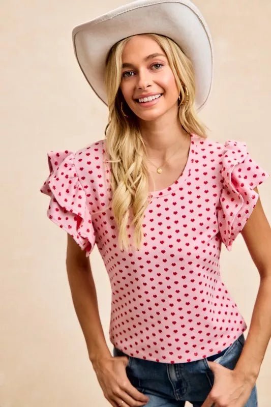 BiBi Heart Patterned Knit Ruffled Sleeves Top - PBNJ FASHIONS