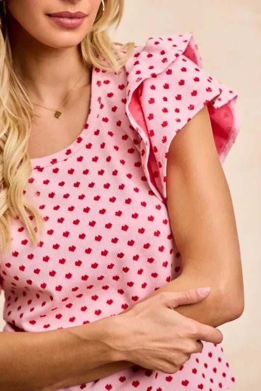 BiBi Heart Patterned Knit Ruffled Sleeves Top - PBNJ FASHIONS