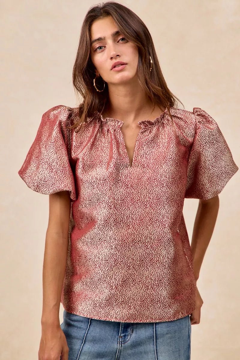 BiBi Jacquard Woven Short Balloon Sleeves V Neck Top - PBNJ FASHIONS