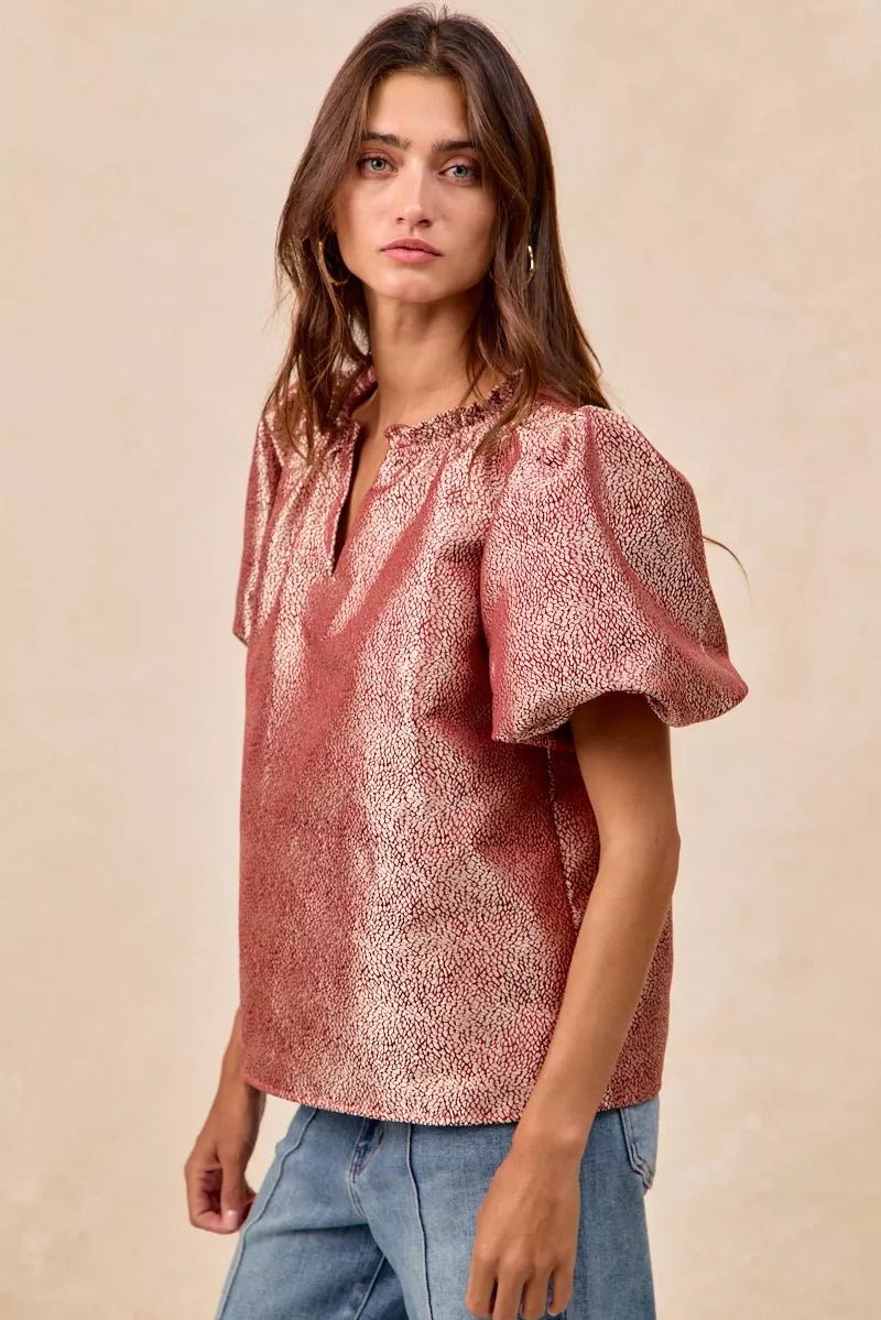 BiBi Jacquard Woven Short Balloon Sleeves V Neck Top - PBNJ FASHIONS