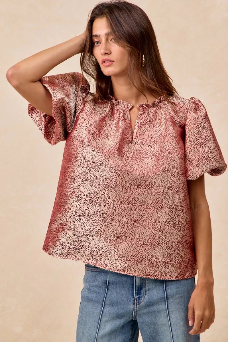 BiBi Jacquard Woven Short Balloon Sleeves V Neck Top - PBNJ FASHIONS