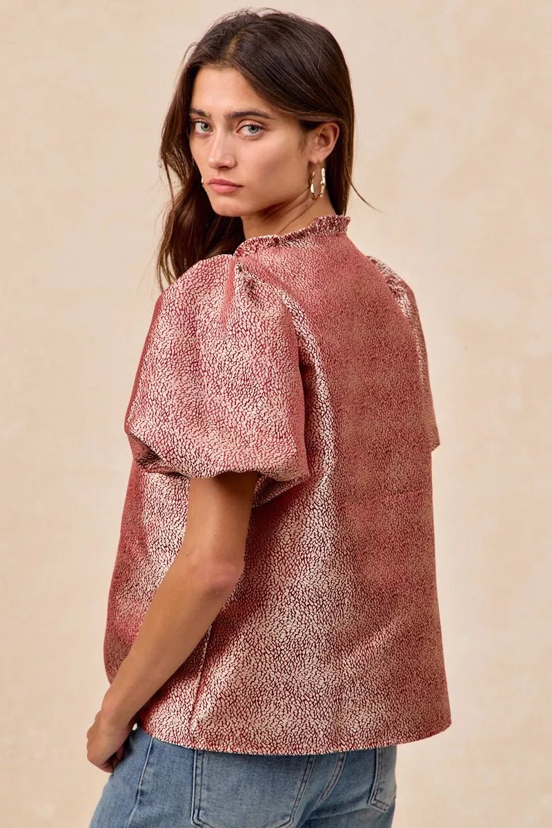 BiBi Jacquard Woven Short Balloon Sleeves V Neck Top - PBNJ FASHIONS