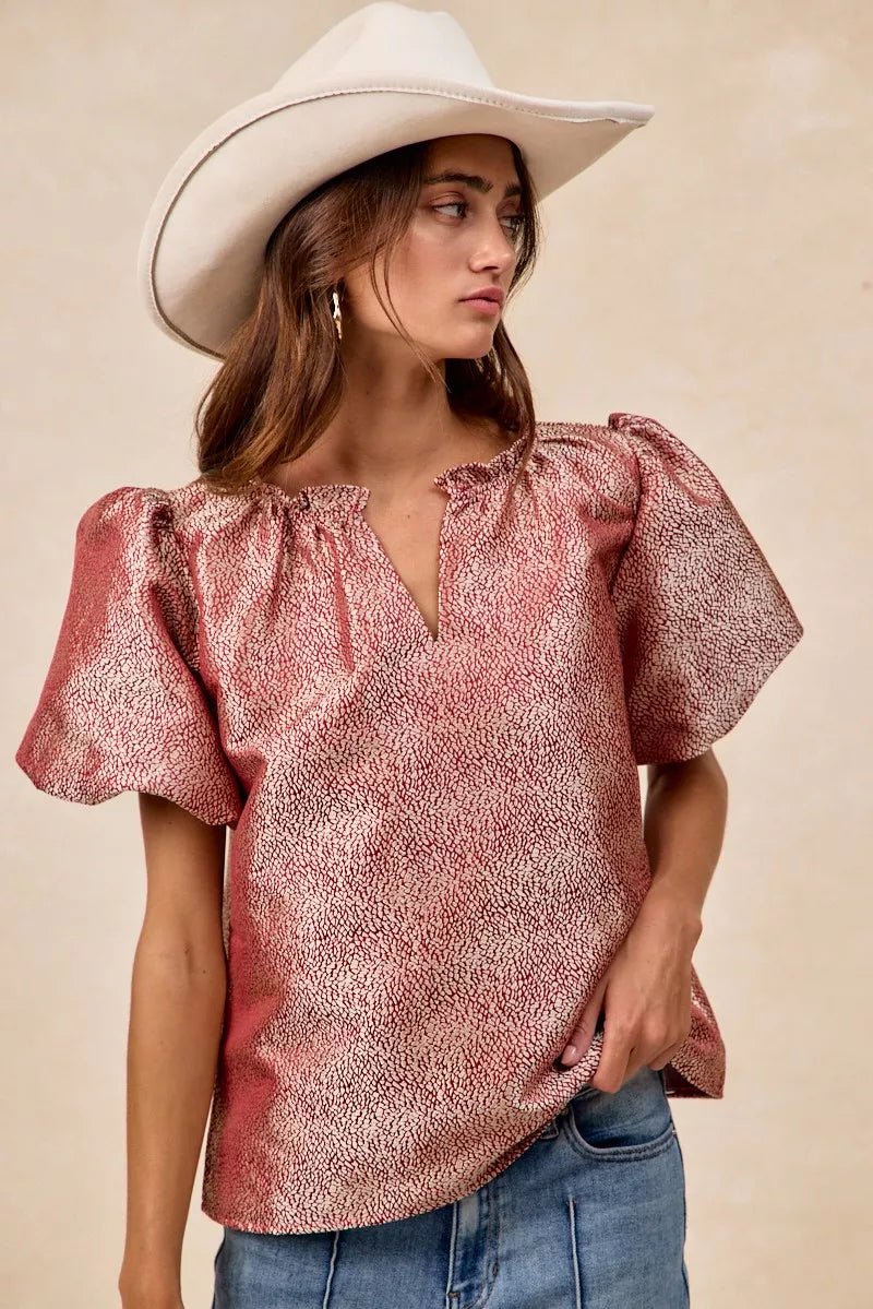 BiBi Jacquard Woven Short Balloon Sleeves V Neck Top - PBNJ FASHIONS