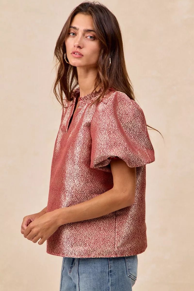 BiBi Jacquard Woven Short Balloon Sleeves V Neck Top - PBNJ FASHIONS