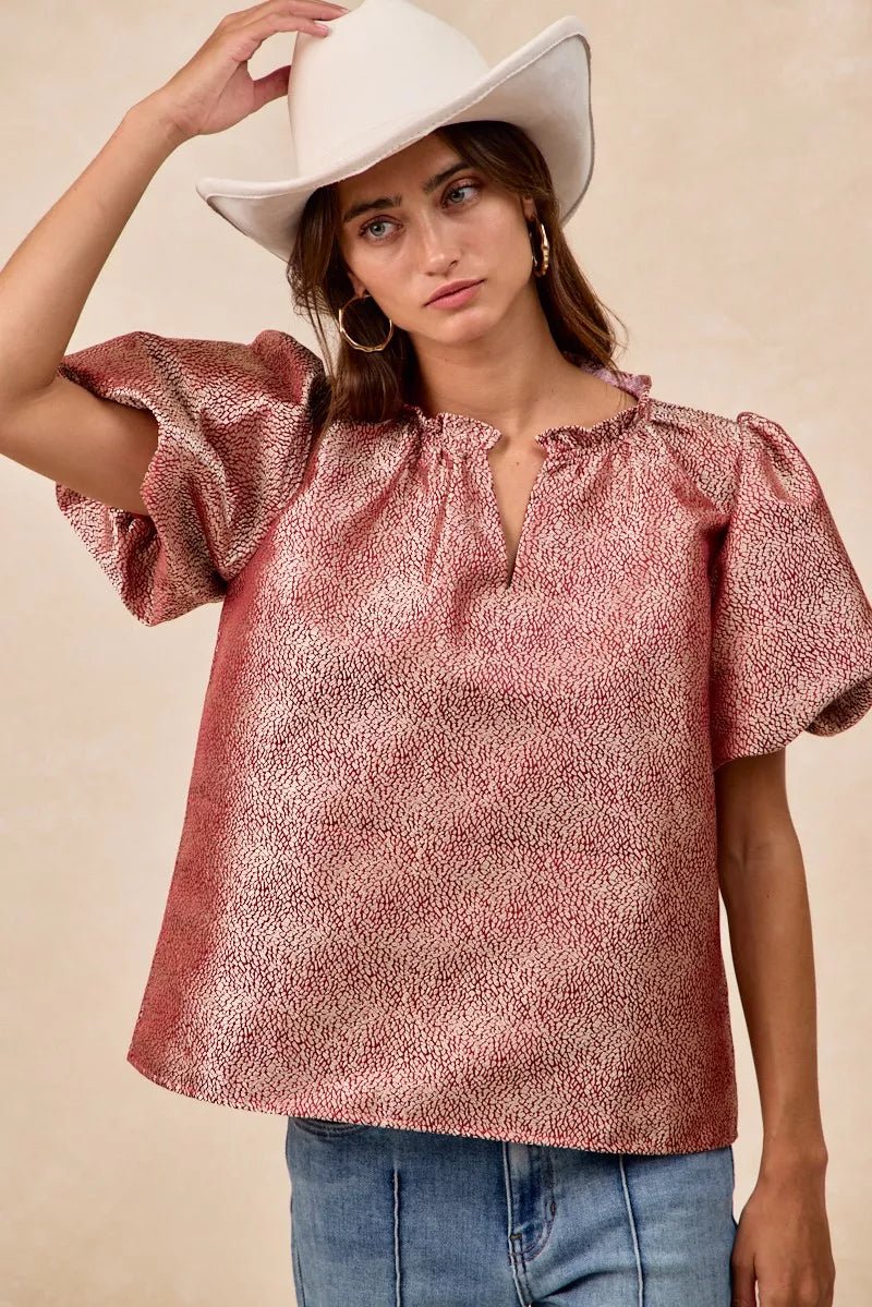 BiBi Jacquard Woven Short Balloon Sleeves V Neck Top - PBNJ FASHIONS
