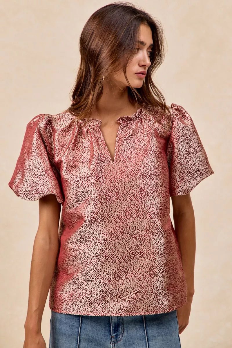 BiBi Jacquard Woven Short Balloon Sleeves V Neck Top - PBNJ FASHIONS