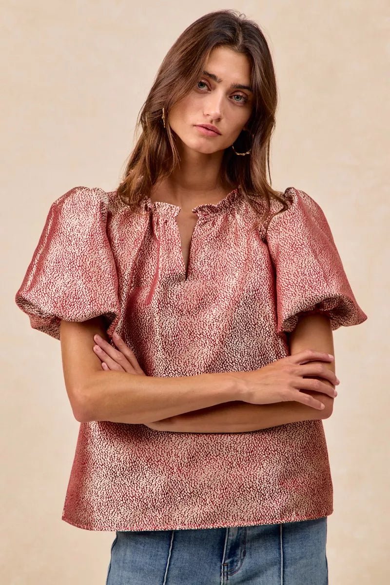 BiBi Jacquard Woven Short Balloon Sleeves V Neck Top - PBNJ FASHIONS