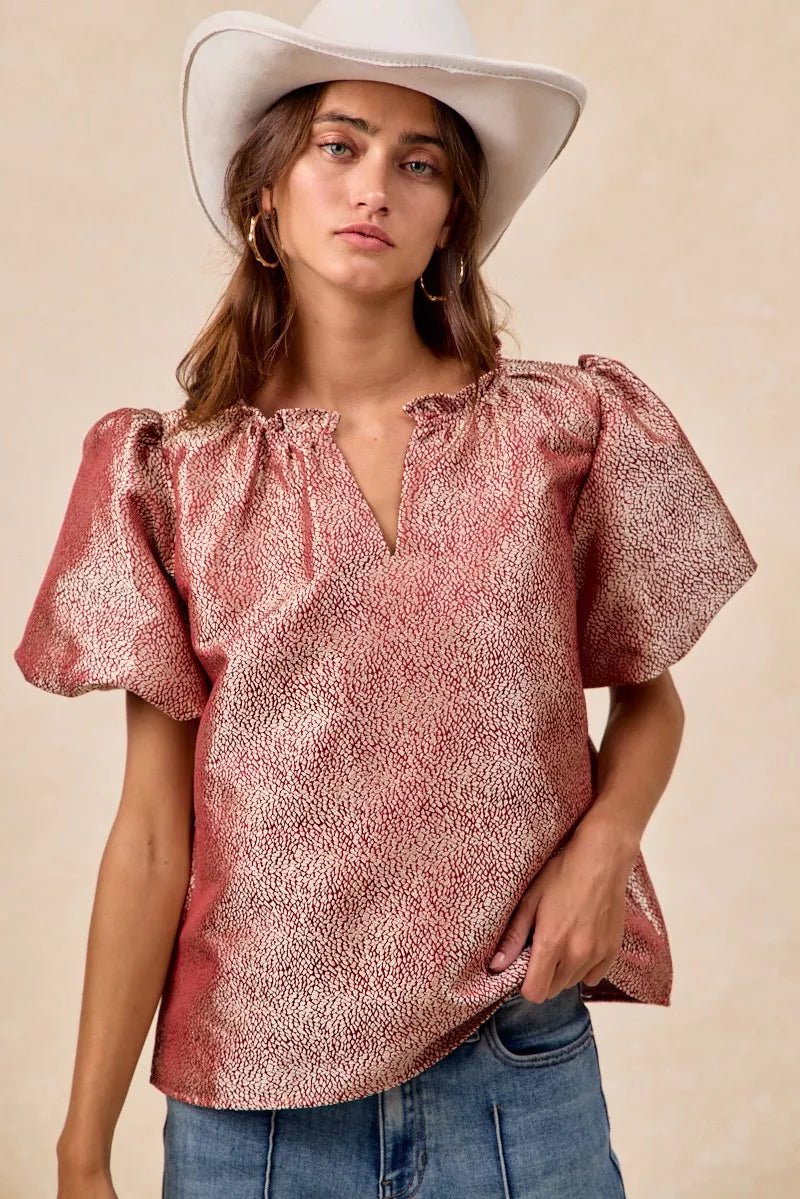 BiBi Jacquard Woven Short Balloon Sleeves V Neck Top - PBNJ FASHIONS