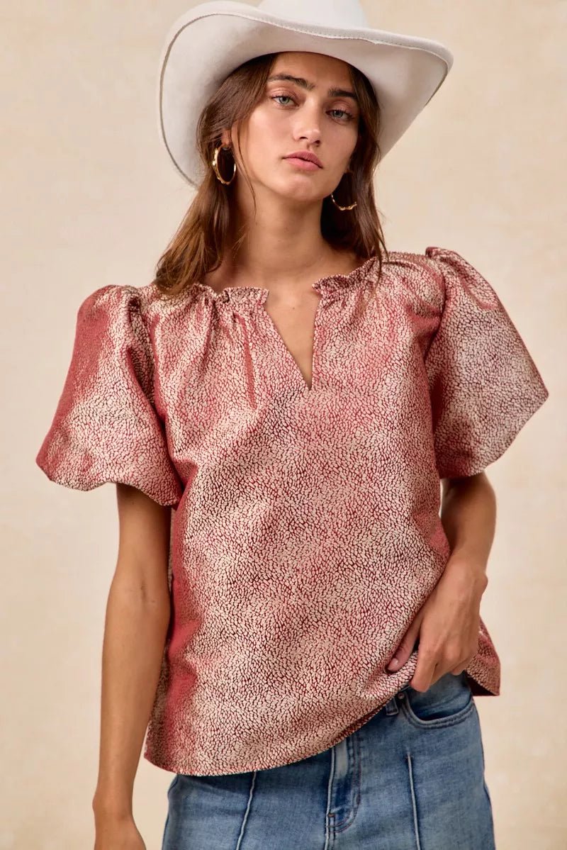 BiBi Jacquard Woven Short Balloon Sleeves V Neck Top - PBNJ FASHIONS