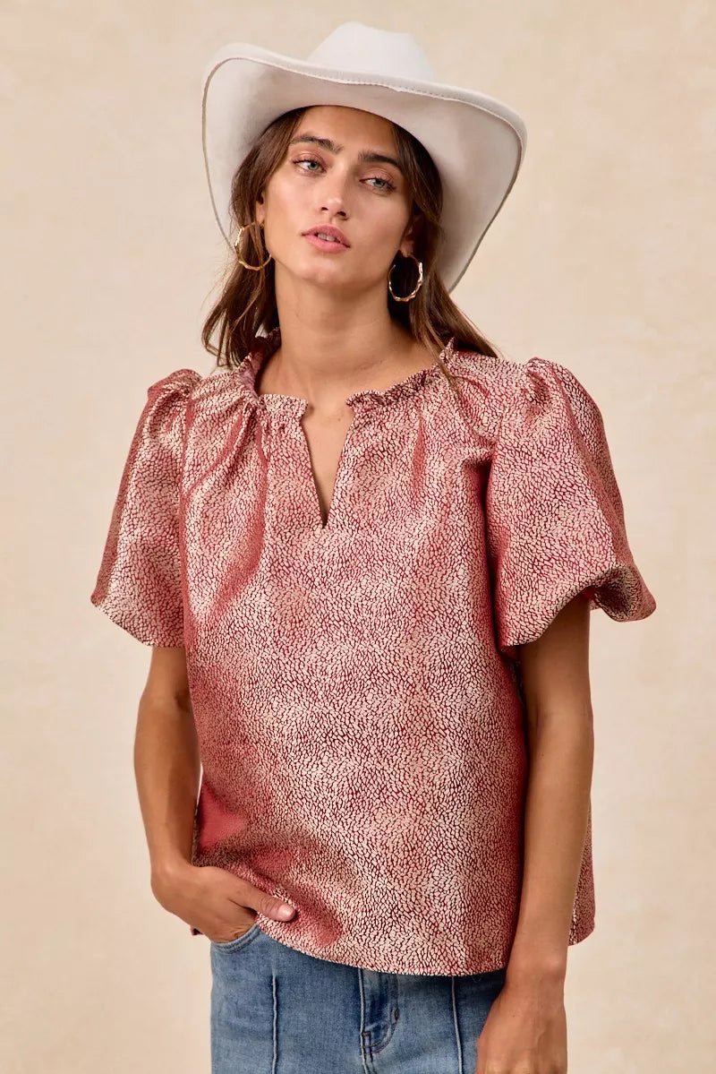 BiBi Jacquard Woven Short Balloon Sleeves V Neck Top - PBNJ FASHIONS