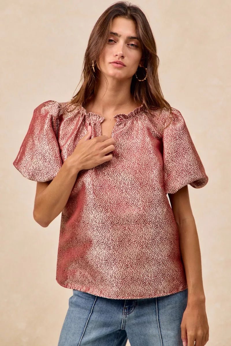 BiBi Jacquard Woven Short Balloon Sleeves V Neck Top - PBNJ FASHIONS