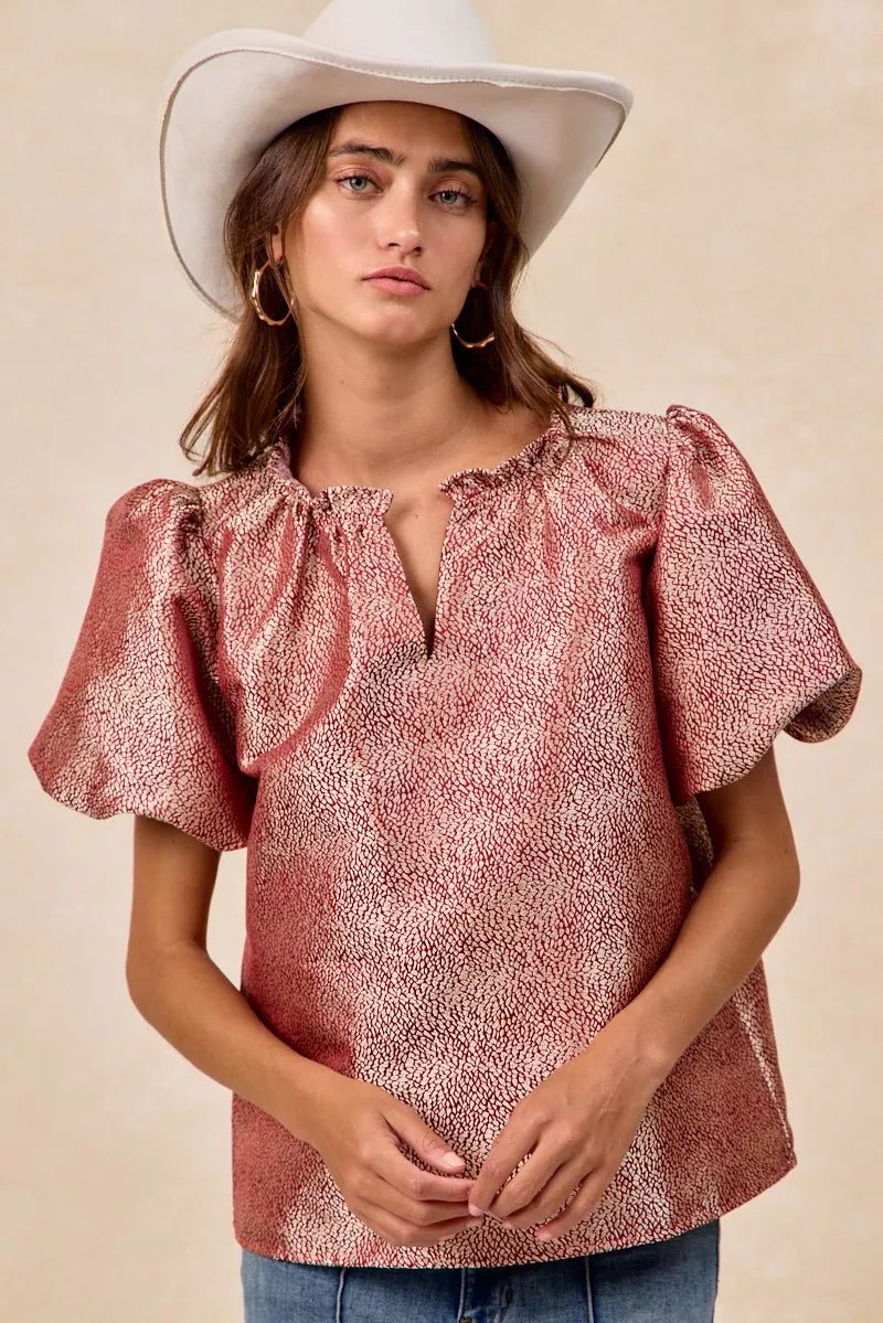 BiBi Jacquard Woven Short Balloon Sleeves V Neck Top - PBNJ FASHIONS