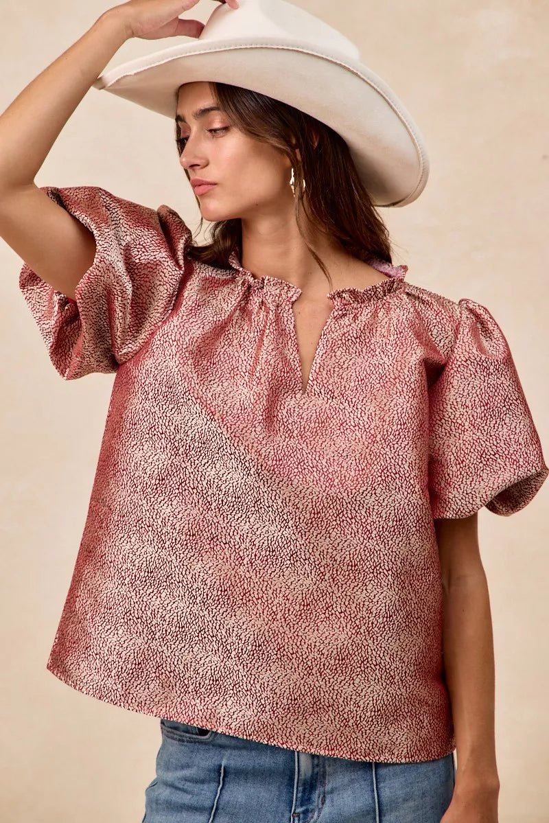 BiBi Jacquard Woven Short Balloon Sleeves V Neck Top - PBNJ FASHIONS
