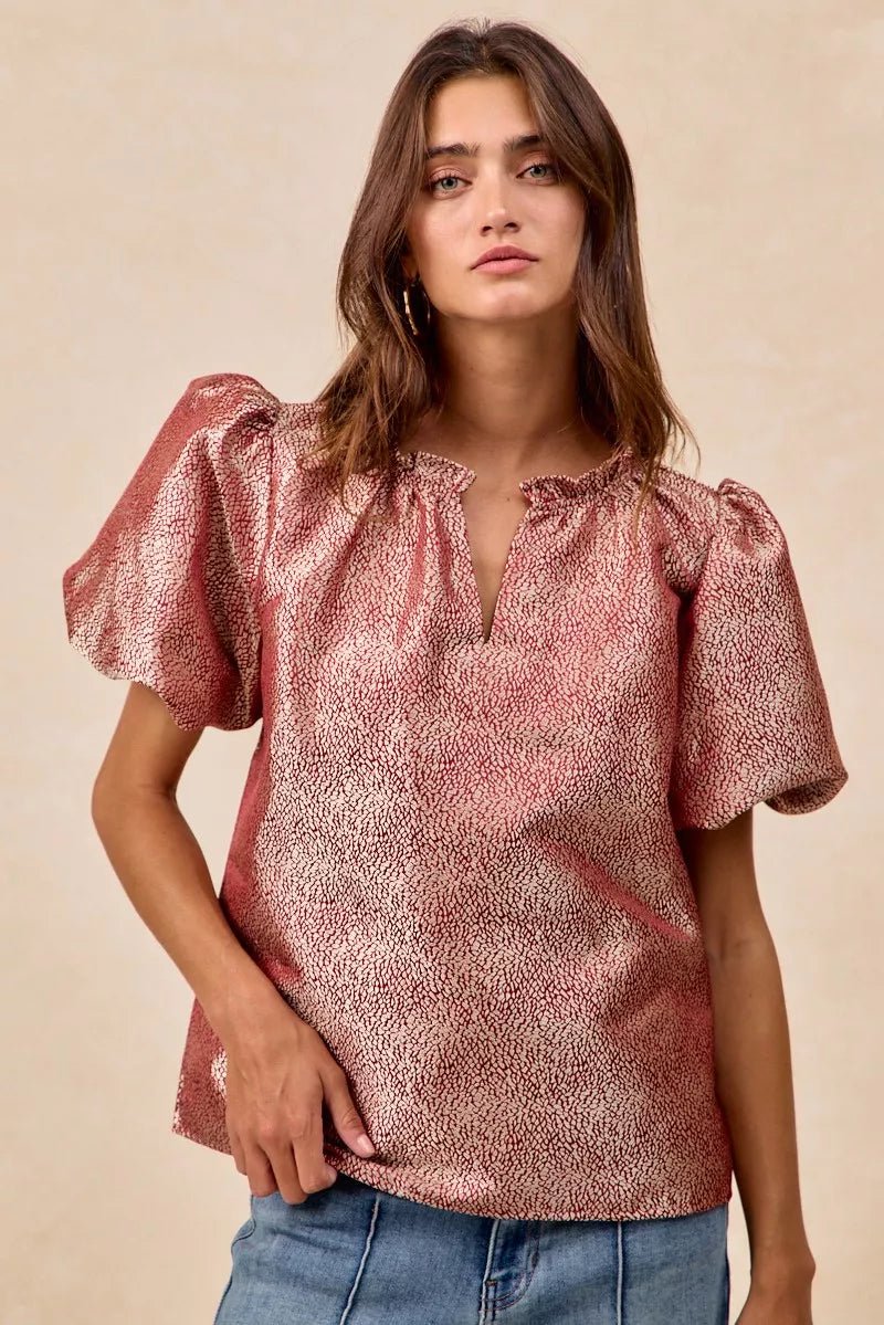 BiBi Jacquard Woven Short Balloon Sleeves V Neck Top - PBNJ FASHIONS