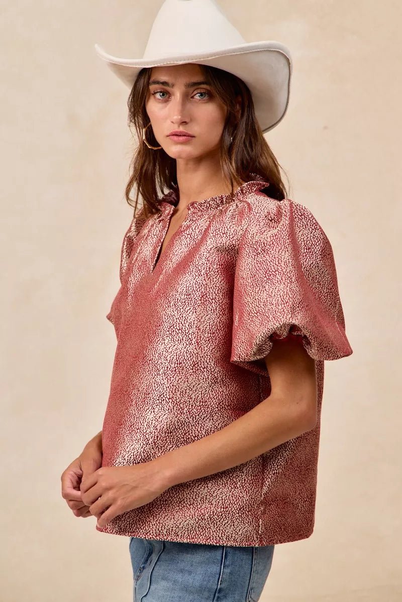 BiBi Jacquard Woven Short Balloon Sleeves V Neck Top - PBNJ FASHIONS