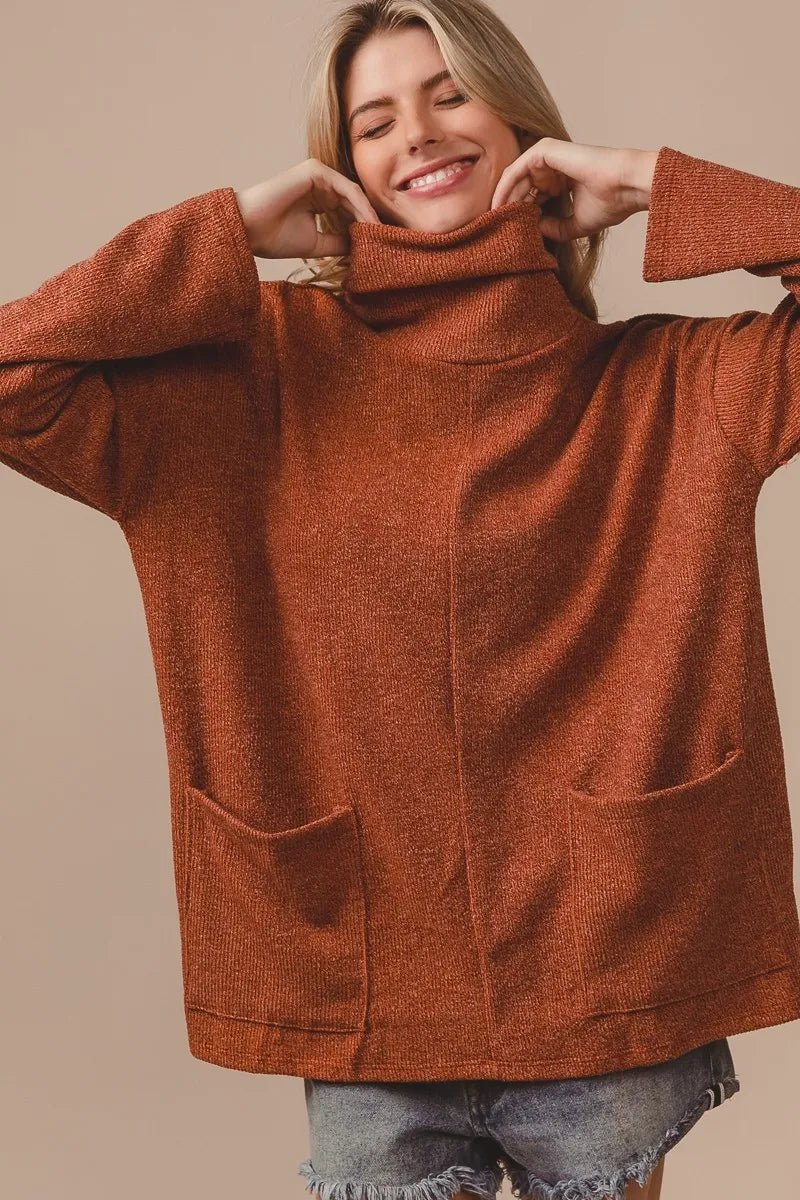 BiBi Piper Rib Double Pocket Turtle Neck Sweater - PBNJ FASHIONS
