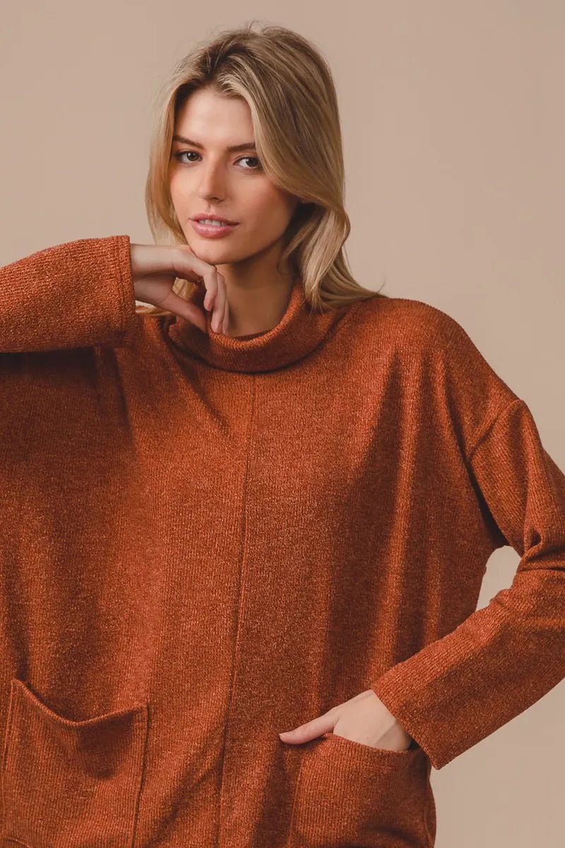BiBi Piper Rib Double Pocket Turtle Neck Sweater - PBNJ FASHIONS