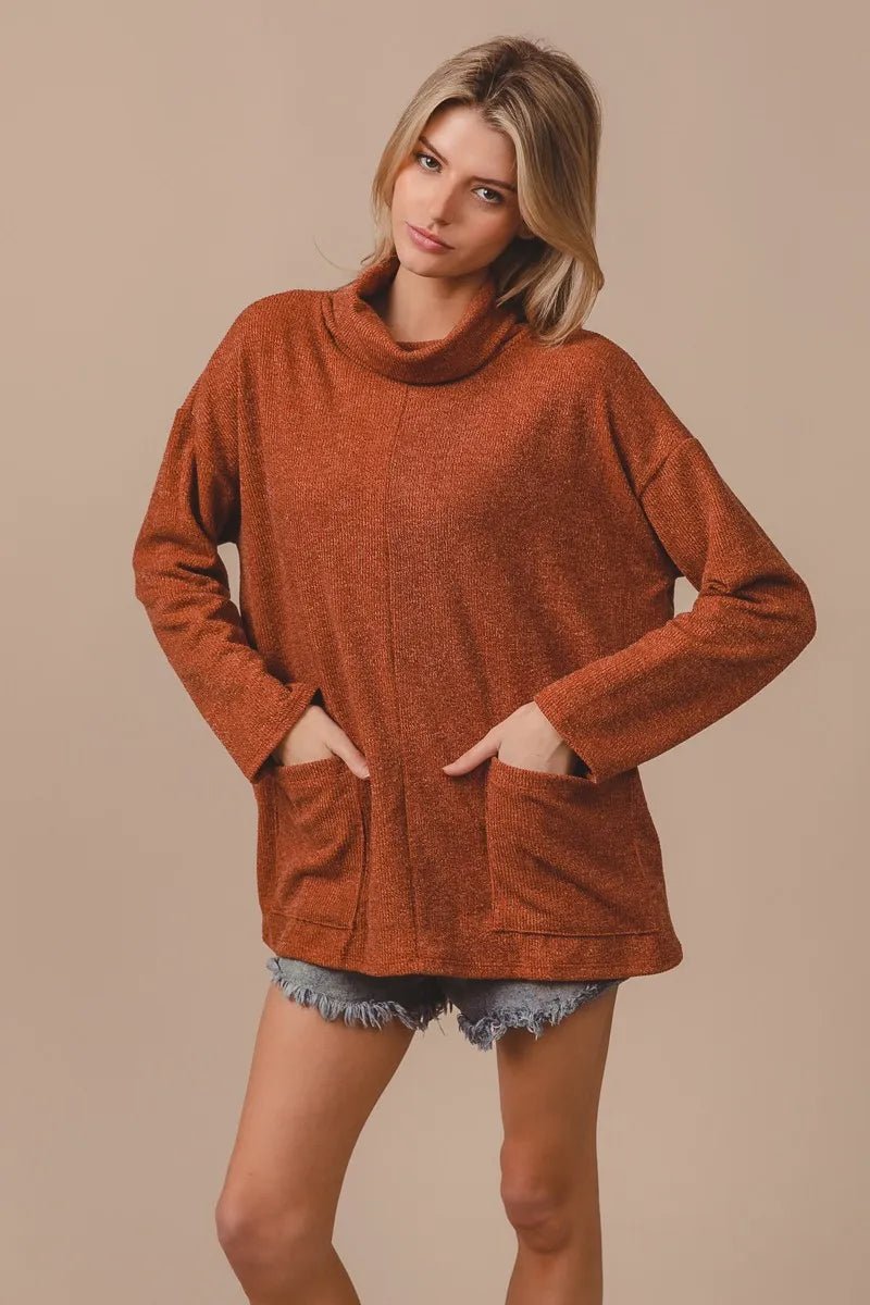 BiBi Piper Rib Double Pocket Turtle Neck Sweater - PBNJ FASHIONS