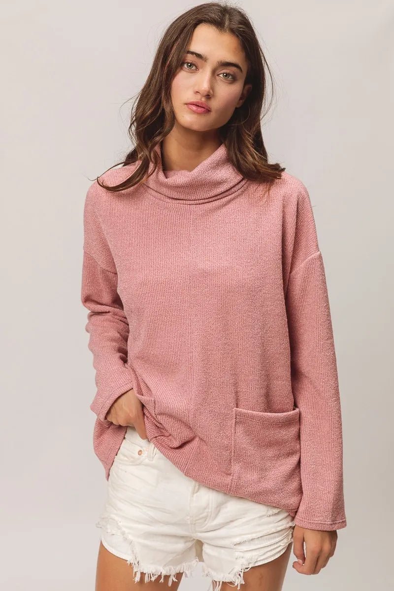 BiBi Piper Rib Double Pocket Turtle Neck Sweater - PBNJ FASHIONS