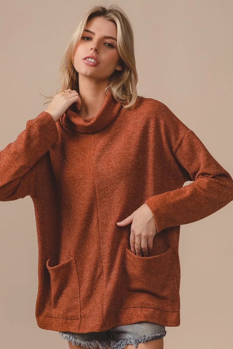 BiBi Piper Rib Double Pocket Turtle Neck Sweater - PBNJ FASHIONS