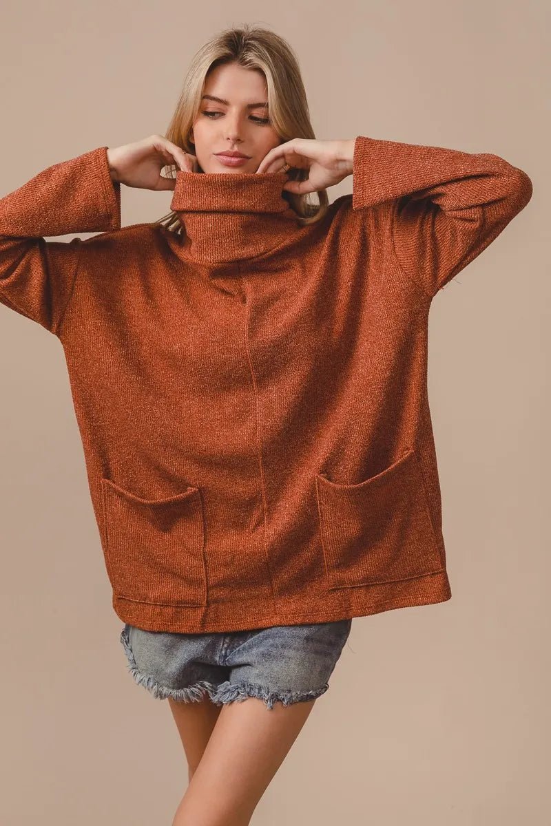 BiBi Piper Rib Double Pocket Turtle Neck Sweater - PBNJ FASHIONS