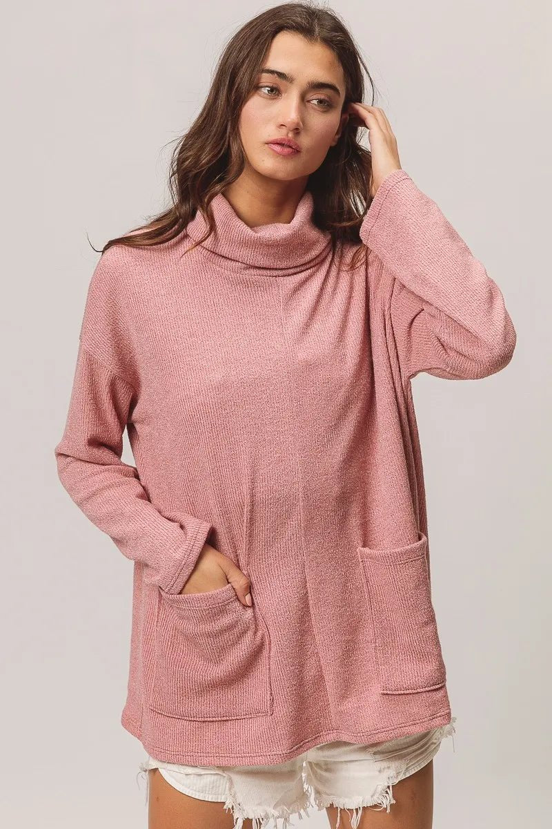 BiBi Piper Rib Double Pocket Turtle Neck Sweater - PBNJ FASHIONS