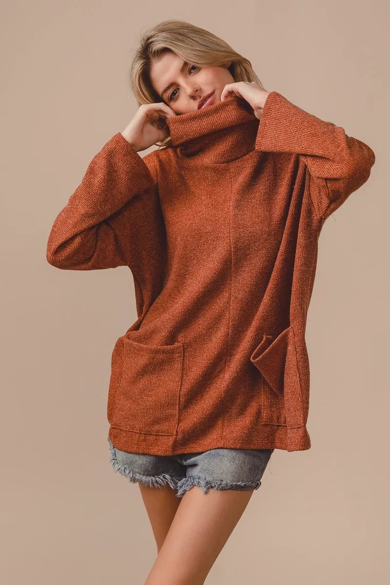 BiBi Piper Rib Double Pocket Turtle Neck Sweater - PBNJ FASHIONS