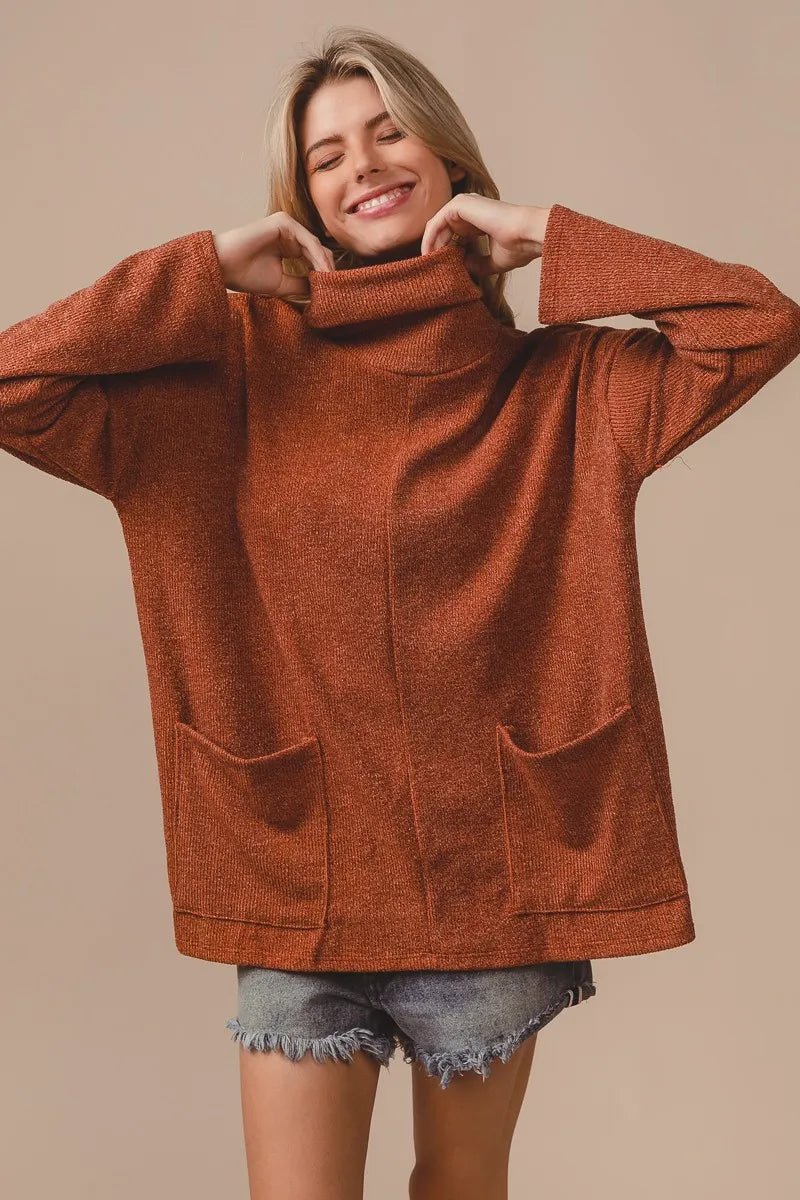 BiBi Piper Rib Double Pocket Turtle Neck Sweater - PBNJ FASHIONS