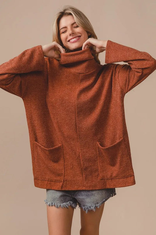 BiBi Piper Rib Double Pocket Turtle Neck Sweater - PBNJ FASHIONS
