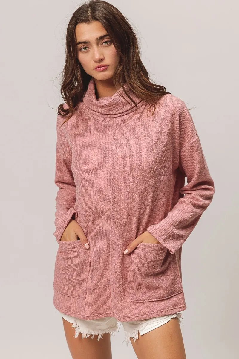 BiBi Piper Rib Double Pocket Turtle Neck Sweater - PBNJ FASHIONS