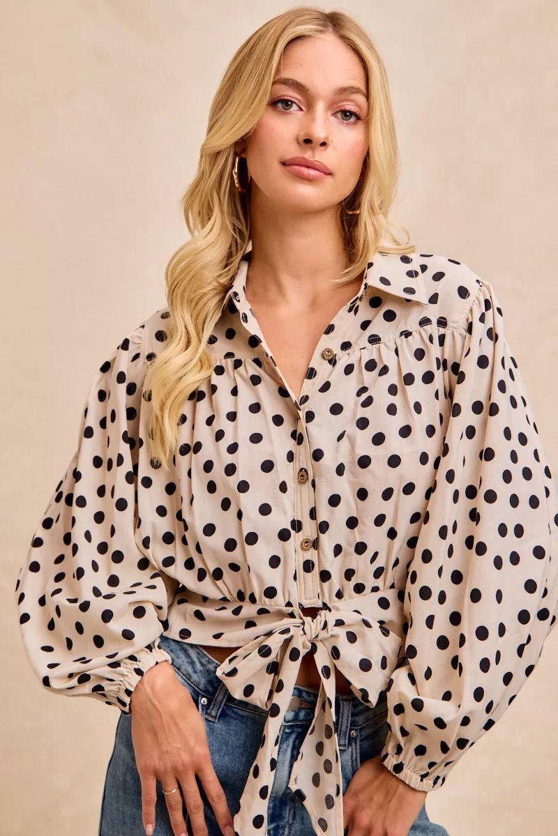 BiBi Polka Dot Print Tie Hem Detail Crop Shirt - PBNJ FASHIONS