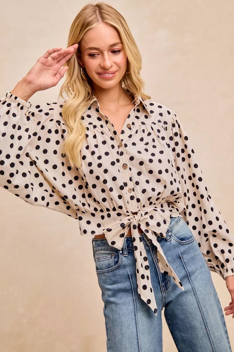 BiBi Polka Dot Print Tie Hem Detail Crop Shirt - PBNJ FASHIONS