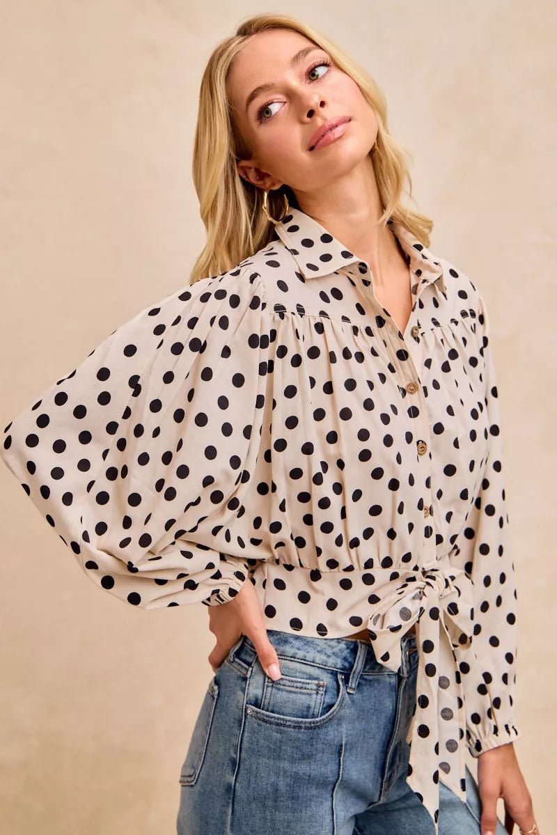 BiBi Polka Dot Print Tie Hem Detail Crop Shirt - PBNJ FASHIONS