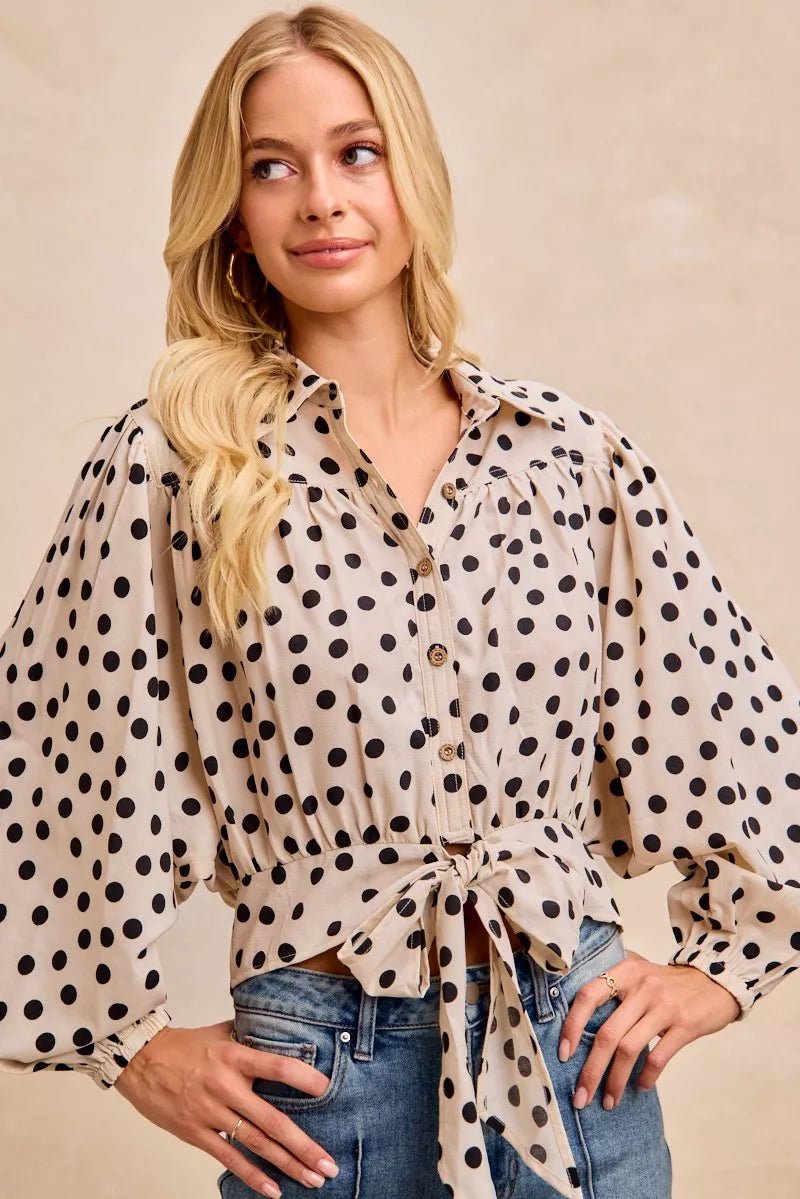 BiBi Polka Dot Print Tie Hem Detail Crop Shirt - PBNJ FASHIONS