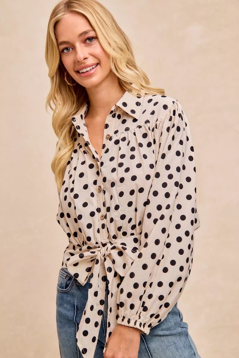 BiBi Polka Dot Print Tie Hem Detail Crop Shirt - PBNJ FASHIONS