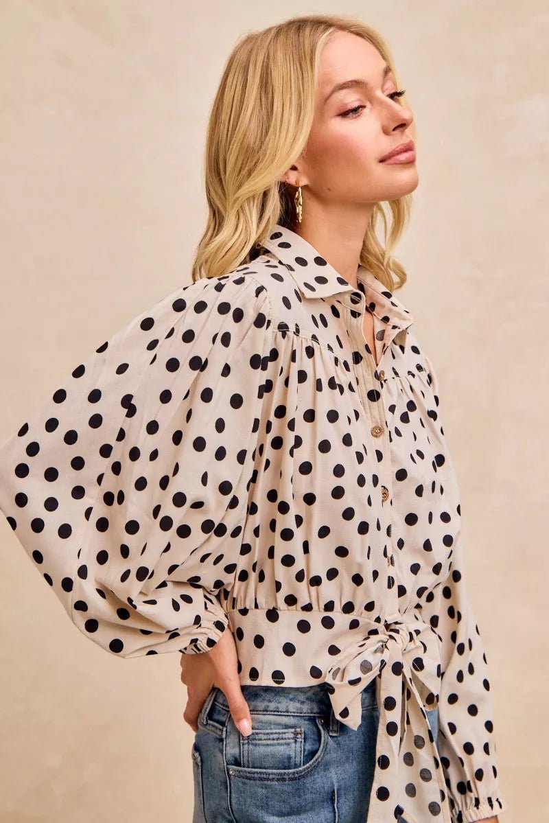BiBi Polka Dot Print Tie Hem Detail Crop Shirt - PBNJ FASHIONS