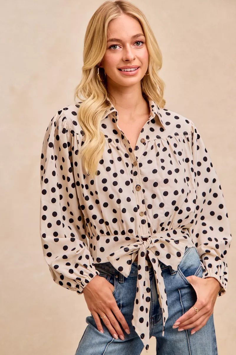 BiBi Polka Dot Print Tie Hem Detail Crop Shirt - PBNJ FASHIONS