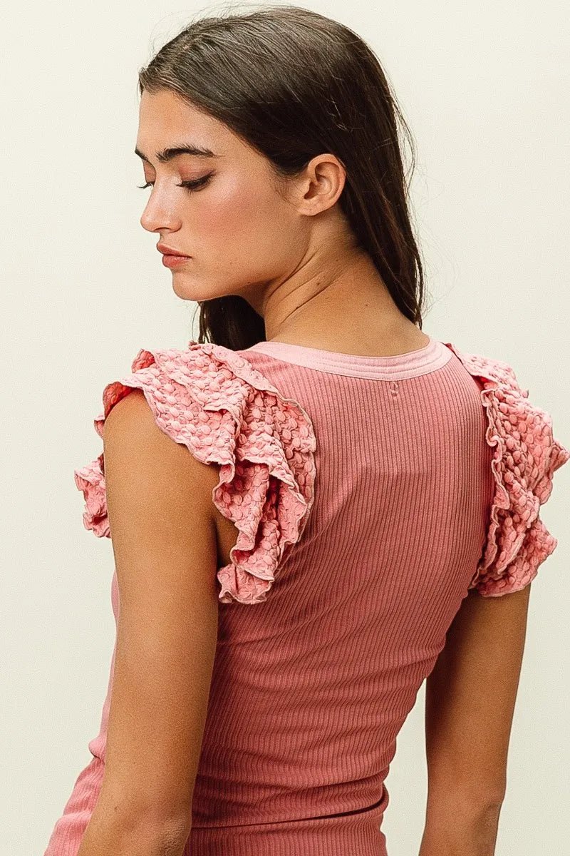 BiBi Rib Knit With Textured Ruffled Top - PBNJ FASHIONS
