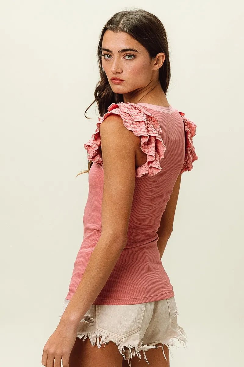 BiBi Rib Knit With Textured Ruffled Top - PBNJ FASHIONS