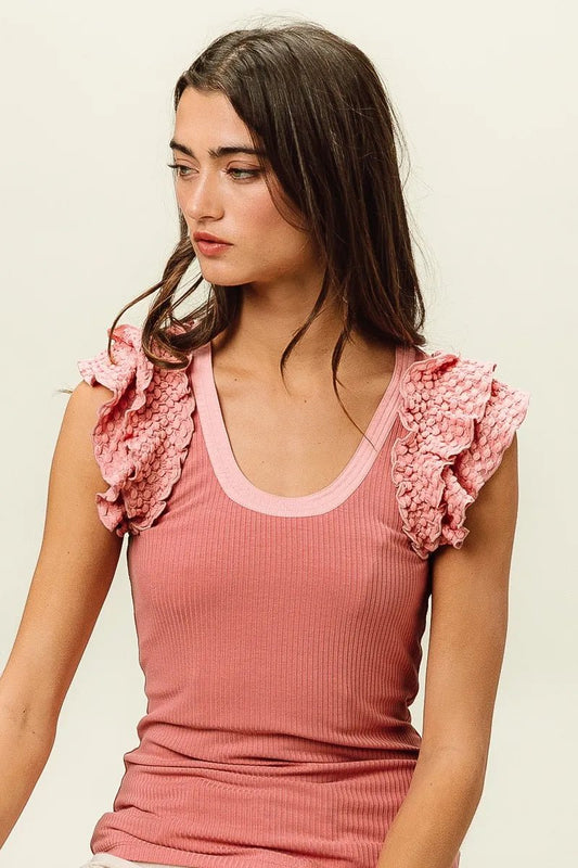 BiBi Rib Knit With Textured Ruffled Top - PBNJ FASHIONS