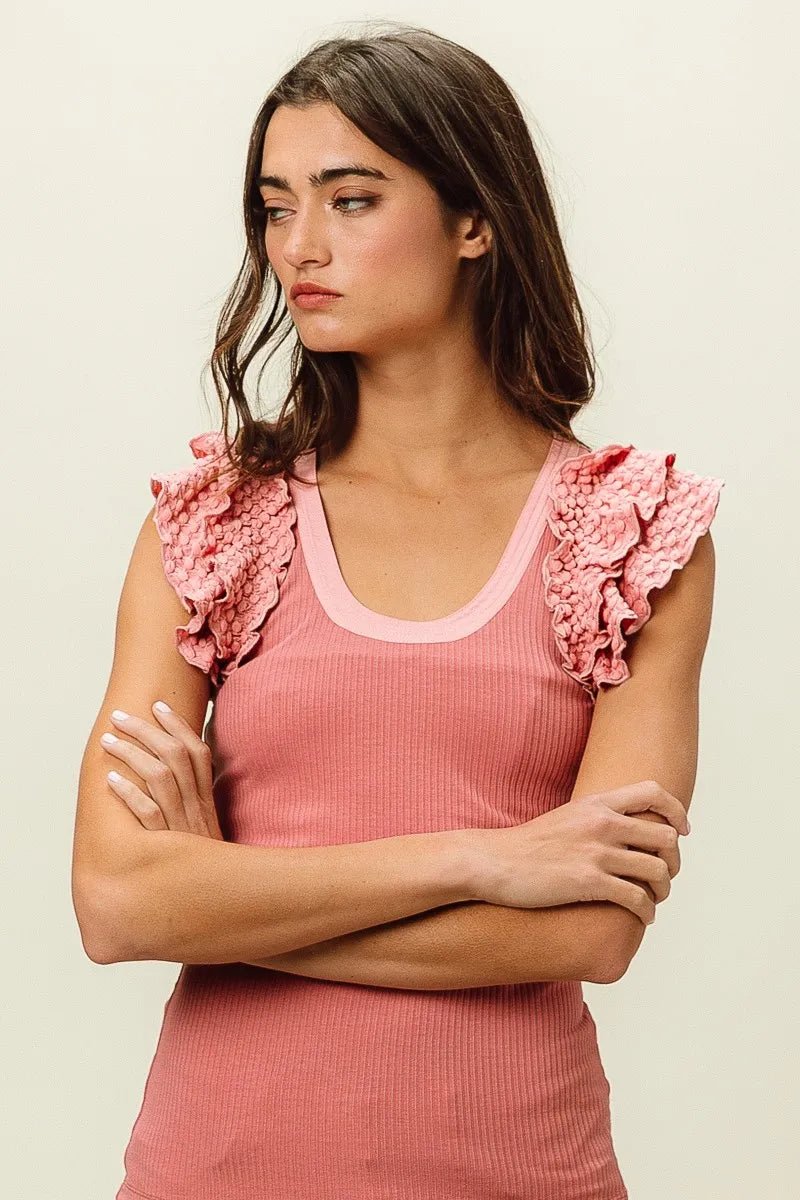 BiBi Rib Knit With Textured Ruffled Top - PBNJ FASHIONS