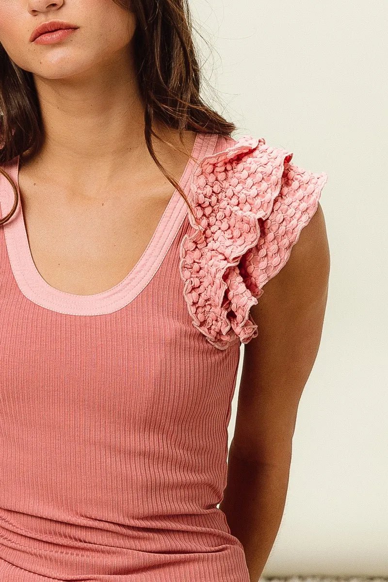 BiBi Rib Knit With Textured Ruffled Top - PBNJ FASHIONS