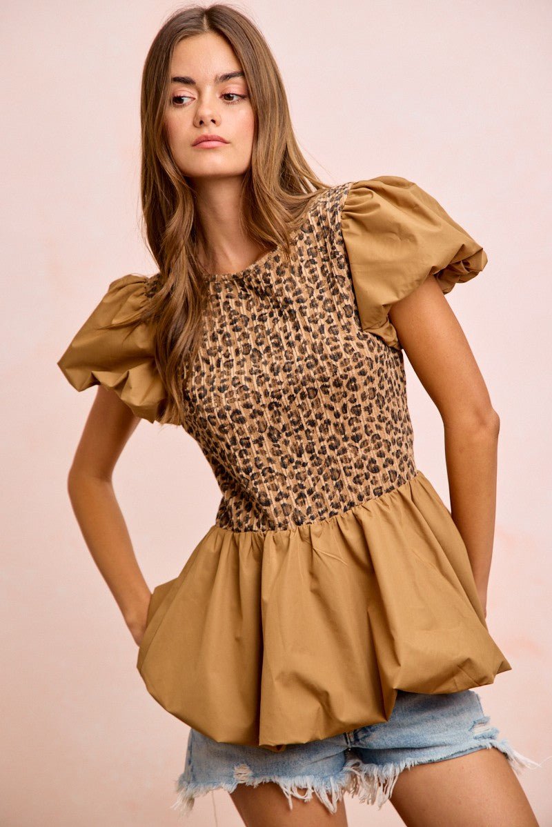 BiBi Rib Texture Leopard Puff Sleeves Bubble Peplum Top - PBNJ FASHIONS