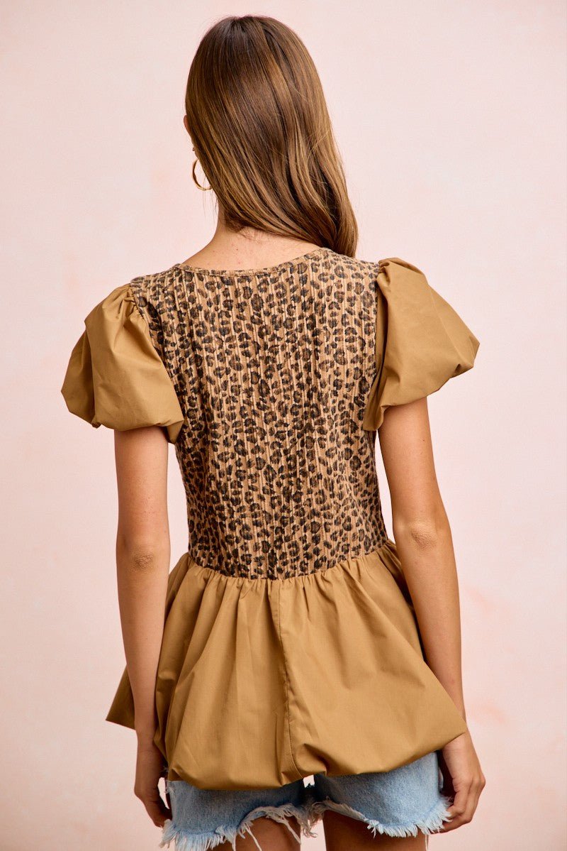 BiBi Rib Texture Leopard Puff Sleeves Bubble Peplum Top - PBNJ FASHIONS